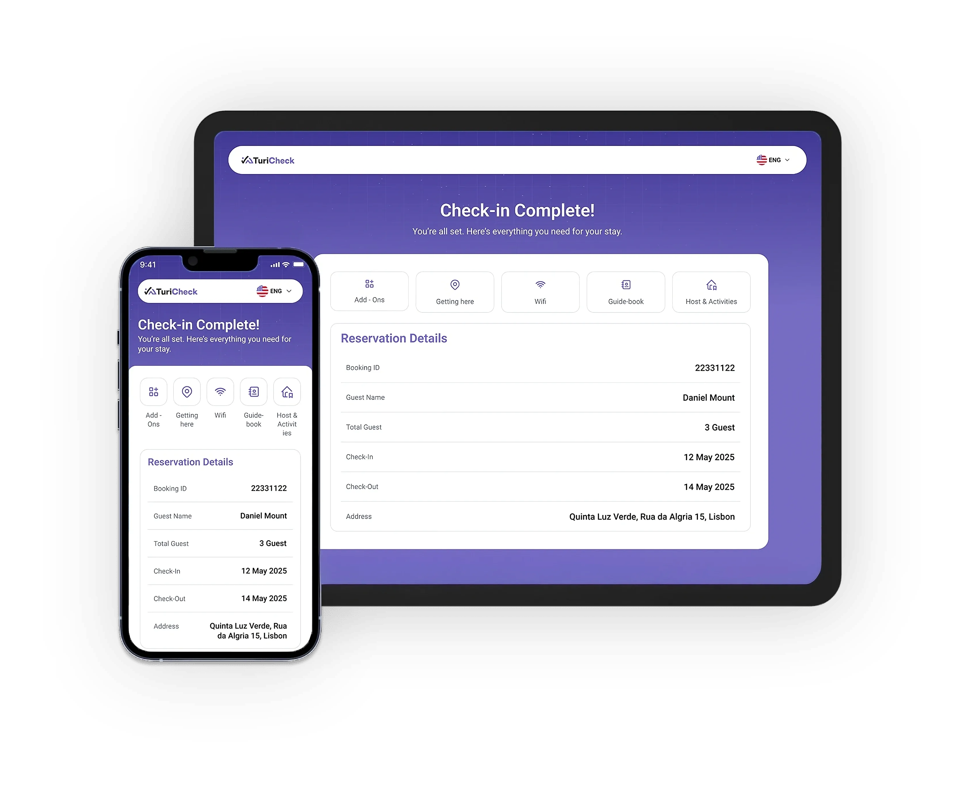 TuriCheck check-in complete screen on tablet and phone